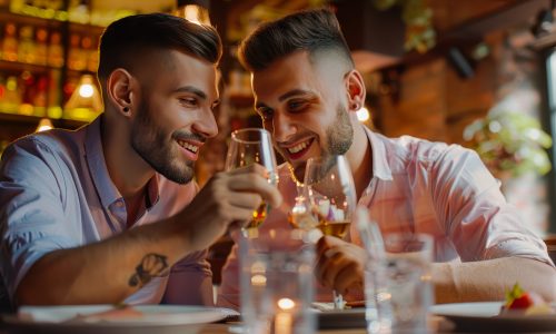 Zwei Personen sitzen an einem Tisch und stoßen mit Weingläsern an.